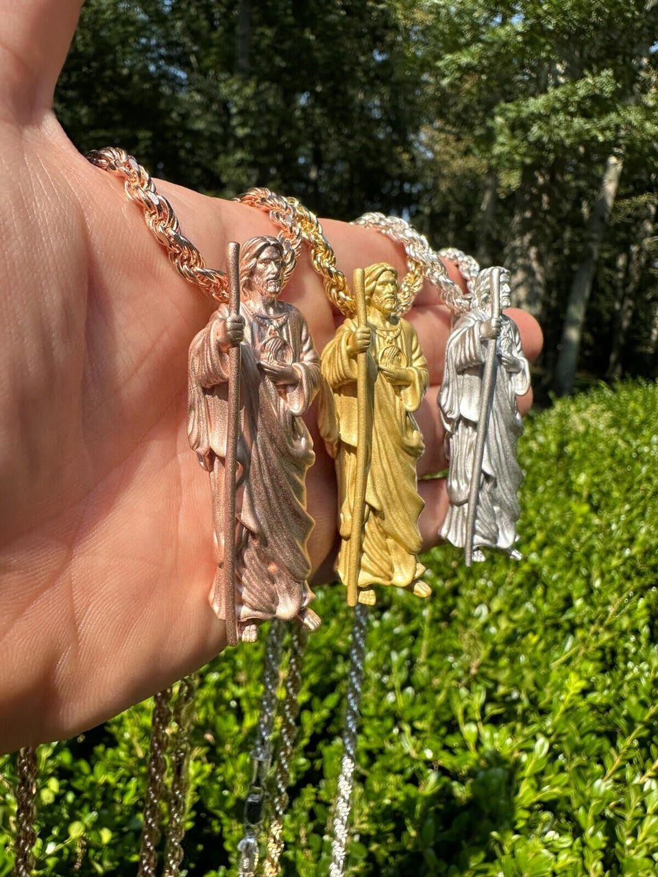 HarlemBling Heavy 3D San Judas St Jude Real 925 Silver 14k Yellow Rose Gold Pendant Necklace