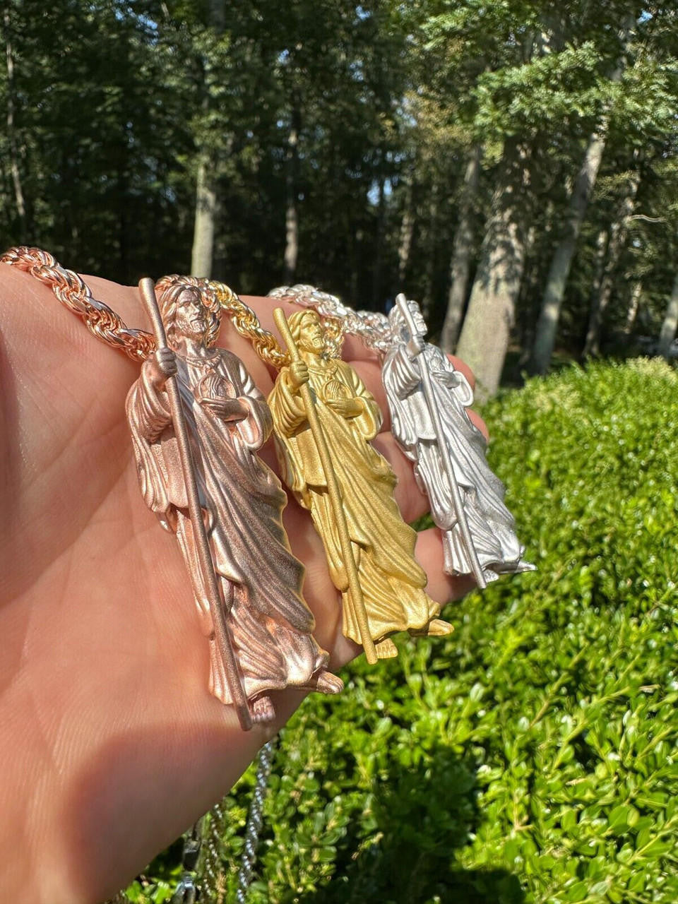 HarlemBling Heavy 3D San Judas St Jude Real 925 Silver 14k Yellow Rose Gold Pendant Necklace