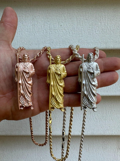 HarlemBling Heavy 3D San Judas St Jude Real 925 Silver 14k Yellow Rose Gold Pendant Necklace