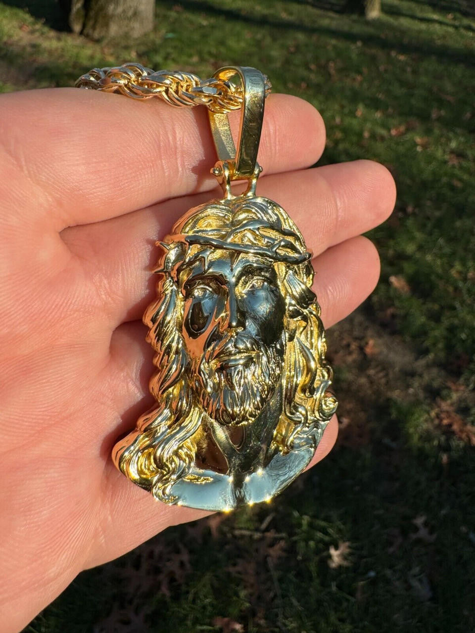 HarlemBling HEAVY Real Solid 925 Silver 14k Gold Vermeil Plain Jesus Piece Pendant Necklace