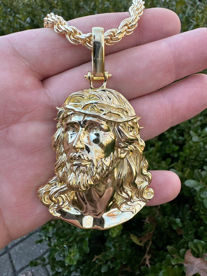 HarlemBling HEAVY Real Solid 925 Silver 14k Gold Vermeil Plain Jesus Piece Pendant Necklace