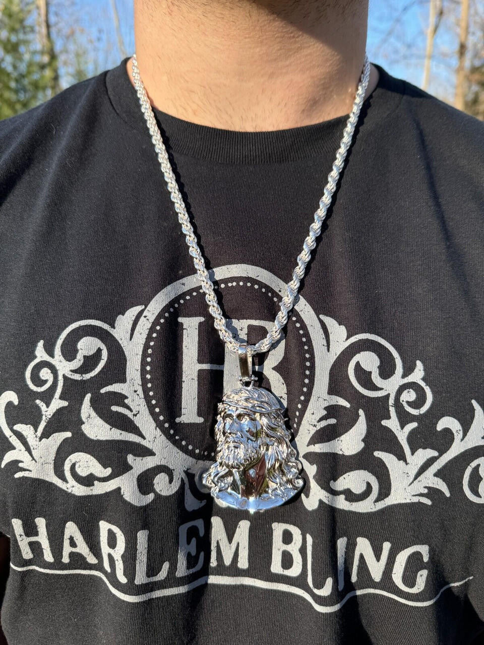 HarlemBling HEAVY Real Solid 925 Sterling Silver Plain Jesus Piece Pendant Necklace DETAILED