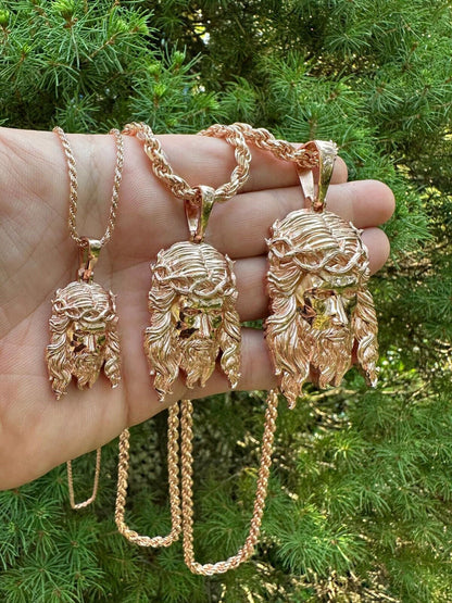HarlemBling HEAVY SOLID Real 14k Rose Gold 925 Sterling Silver Jesus Piece Pendant - 1-2.5"