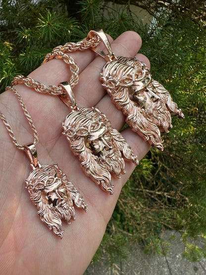 HarlemBling HEAVY SOLID Real 14k Rose Gold 925 Sterling Silver Jesus Piece Pendant - 1-2.5"