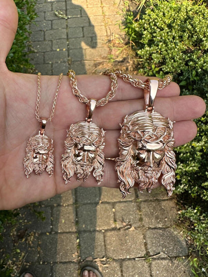 HarlemBling HEAVY SOLID Real 14k Rose Gold 925 Sterling Silver Jesus Piece Pendant - 1-2.5"