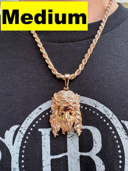 HarlemBling HEAVY SOLID Real 14k Rose Gold 925 Sterling Silver Jesus Piece Pendant - 1-2.5"
