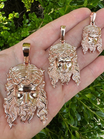 HarlemBling HEAVY SOLID Real 14k Rose Gold 925 Sterling Silver Jesus Piece Pendant - 1-2.5"