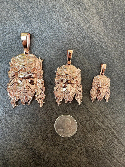 HarlemBling HEAVY SOLID Real 14k Rose Gold 925 Sterling Silver Jesus Piece Pendant - 1-2.5"