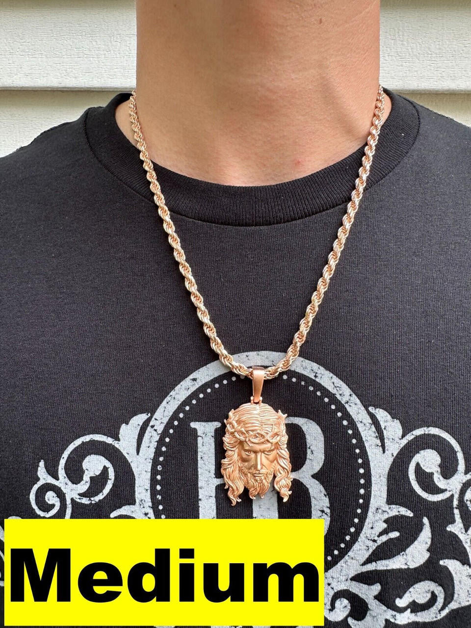 HarlemBling HEAVY SOLID Real 14k Rose Gold 925 Sterling Silver Jesus Piece Pendant Necklace