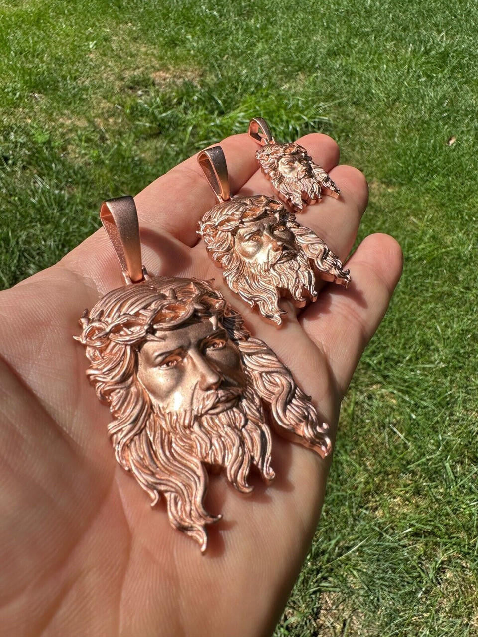 HarlemBling HEAVY SOLID Real 14k Rose Gold 925 Sterling Silver Jesus Piece Pendant Necklace