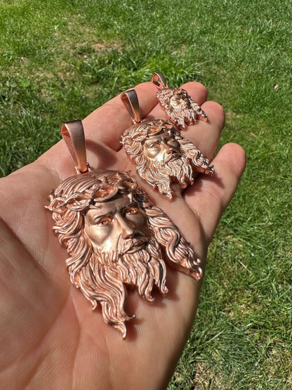 HarlemBling HEAVY SOLID Real 14k Rose Gold 925 Sterling Silver Jesus Piece Pendant Necklace