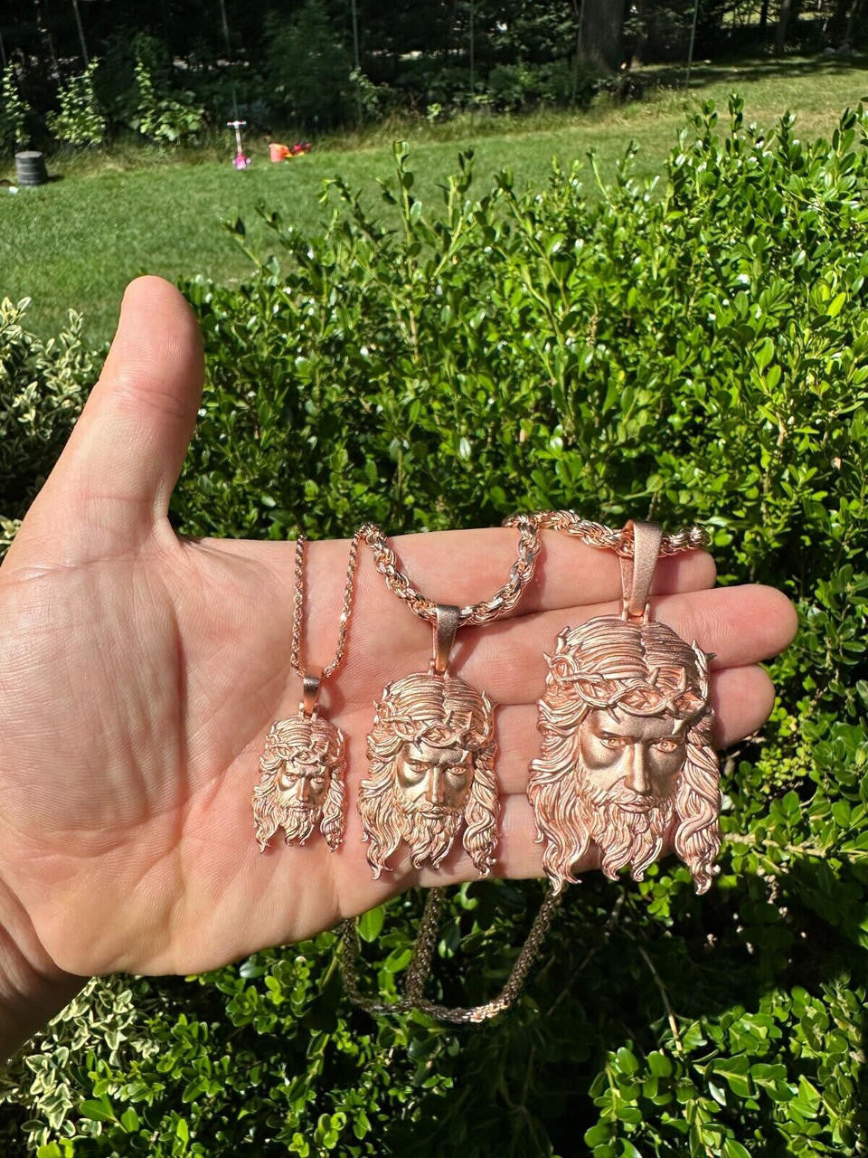 HarlemBling HEAVY SOLID Real 14k Rose Gold 925 Sterling Silver Jesus Piece Pendant Necklace