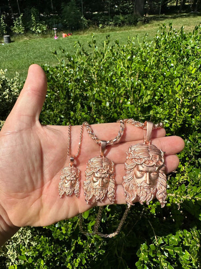 HarlemBling HEAVY SOLID Real 14k Rose Gold 925 Sterling Silver Jesus Piece Pendant Necklace