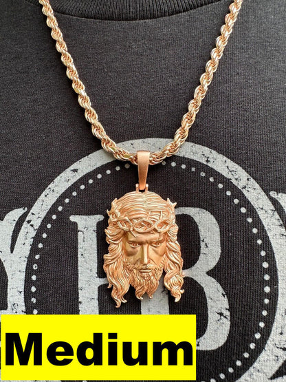 HarlemBling HEAVY SOLID Real 14k Rose Gold 925 Sterling Silver Jesus Piece Pendant Necklace