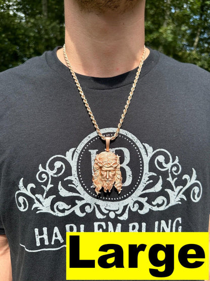 HarlemBling HEAVY SOLID Real 14k Rose Gold 925 Sterling Silver Jesus Piece Pendant Necklace