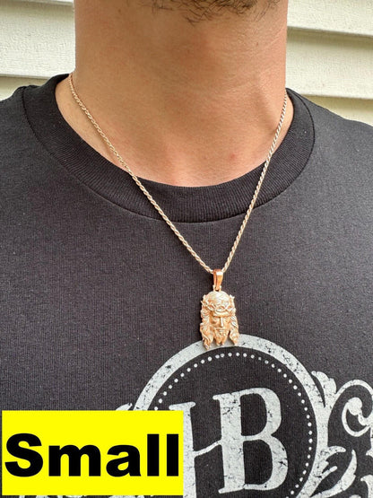 HarlemBling HEAVY SOLID Real 14k Rose Gold 925 Sterling Silver Jesus Piece Pendant Necklace