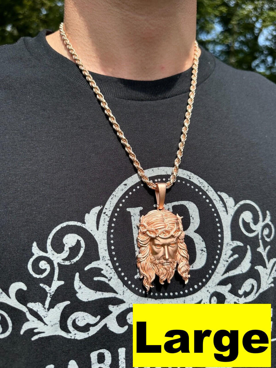 HarlemBling HEAVY SOLID Real 14k Rose Gold 925 Sterling Silver Jesus Piece Pendant Necklace