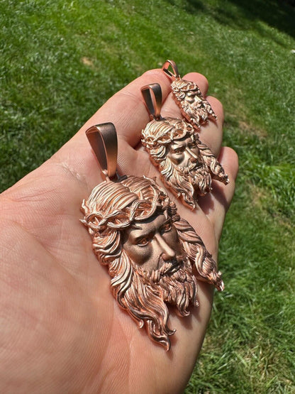 HarlemBling HEAVY SOLID Real 14k Rose Gold 925 Sterling Silver Jesus Piece Pendant Necklace