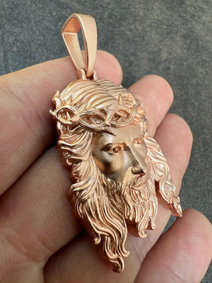 HarlemBling HEAVY SOLID Real 14k Rose Gold 925 Sterling Silver Jesus Piece Pendant Necklace