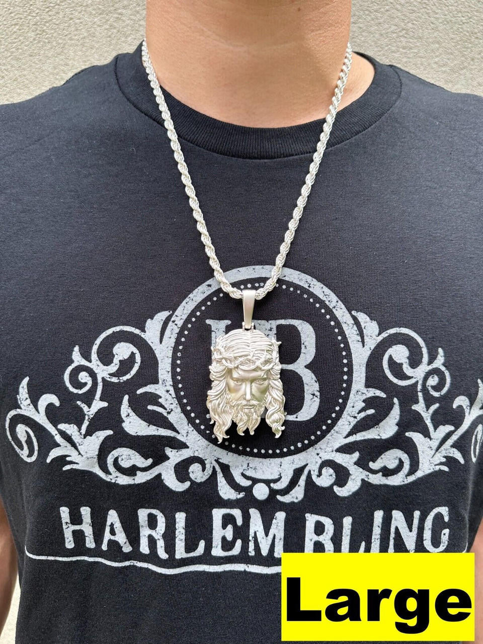 HarlemBling HEAVY SOLID Real 925 Sterling Silver Jesus Piece Iced Pendant Necklace - 3 Sizes