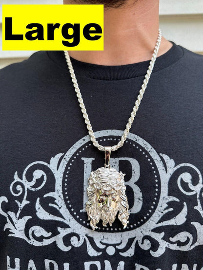 HarlemBling HEAVY SOLID Real Solid 925 Sterling Silver Jesus Piece Pendant Necklace - 1-2.5"