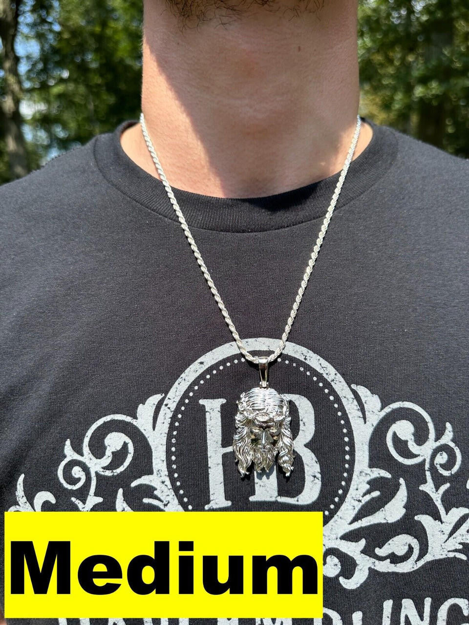 HarlemBling HEAVY SOLID Real Solid 925 Sterling Silver Jesus Piece Pendant Necklace - 1-2.5"