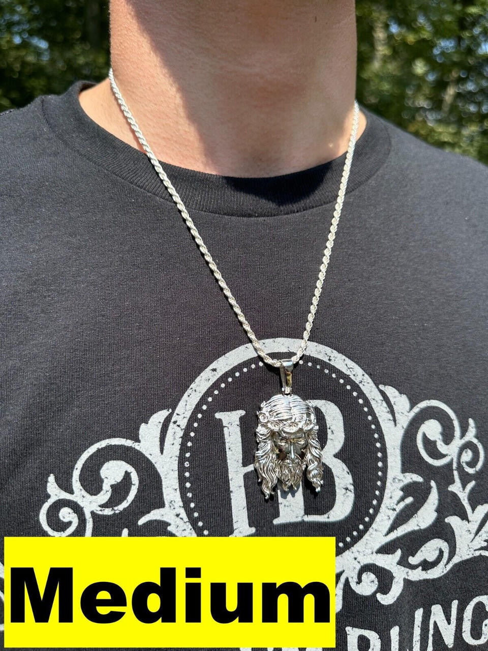 HarlemBling HEAVY SOLID Real Solid 925 Sterling Silver Jesus Piece Pendant Necklace - 1-2.5"