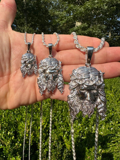 HarlemBling HEAVY SOLID Real Solid 925 Sterling Silver Jesus Piece Pendant Necklace - 1-2.5"