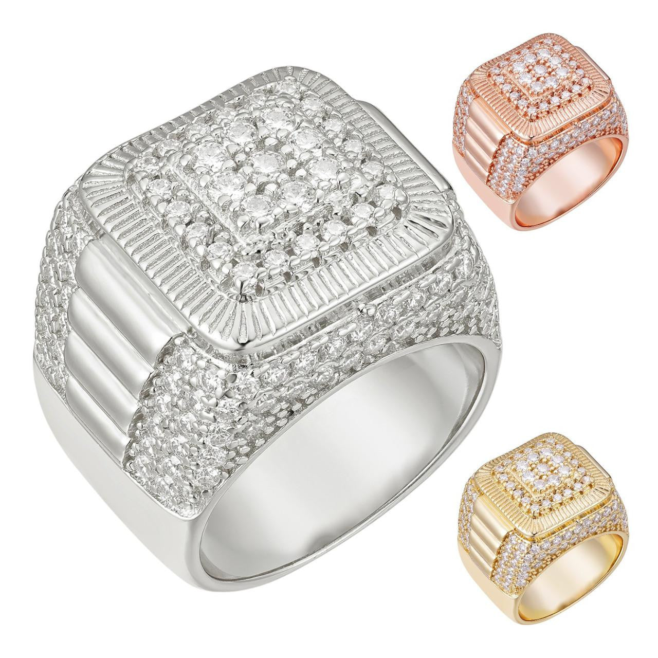 HarlemBling Heavy Square Iced Out Ring - 14k Yellow/Rose/White Gold Vermeil 925 Silver - CZ Stones