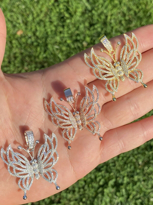 HarlemBling Hip Hop Butterfly Piece - Ladies Iced Real 925 Silver Gold Or Rose Necklace BIG