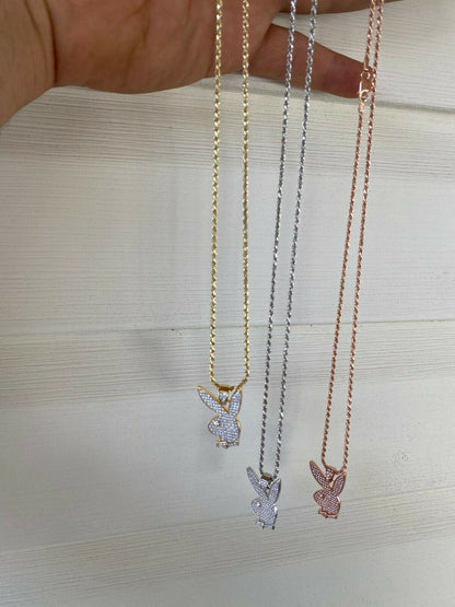 HarlemBling Hip Hop Playboy Bunny Pendant - Iced Diamond Real 925 Silver Gold Rose Necklace