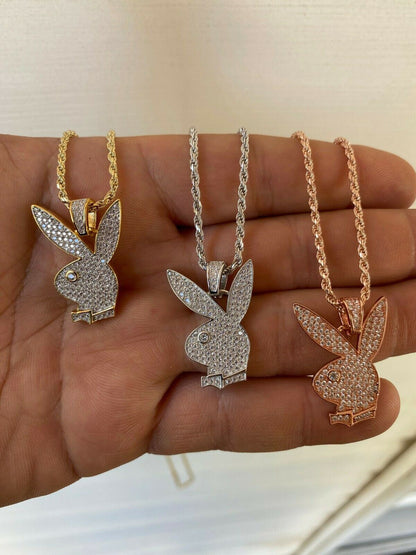 HarlemBling Hip Hop Playboy Bunny Pendant - Iced Diamond Real 925 Silver Gold Rose Necklace