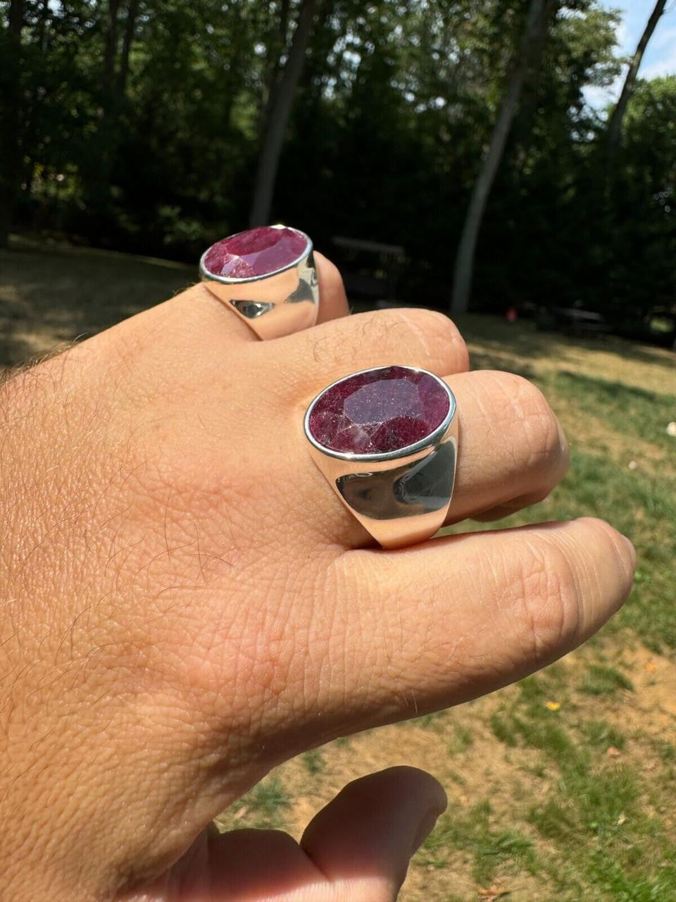 925 Silver - Genuine Ruby Stone Mens Ring | Large Ruby Ring