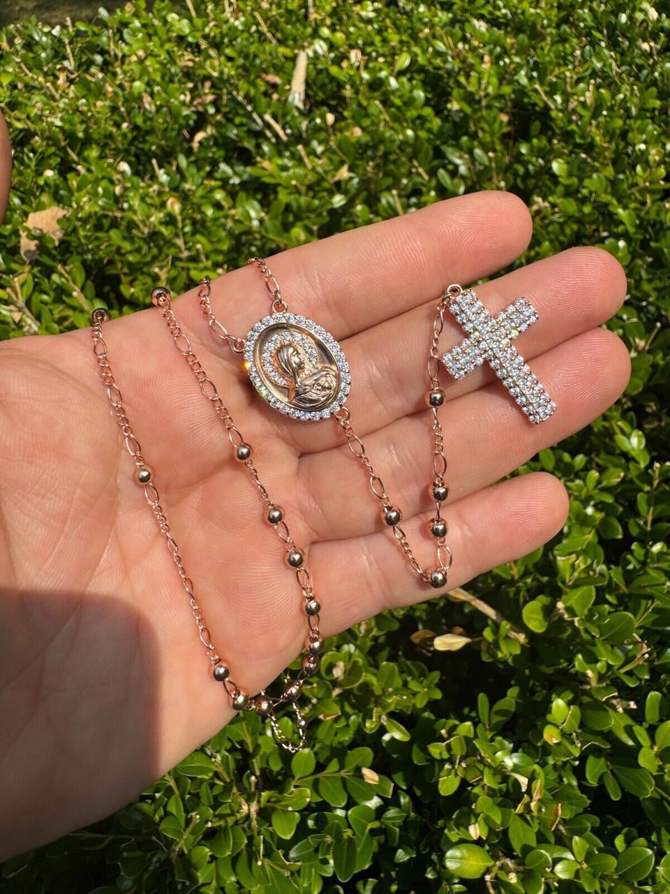 HarlemBling Holy Vatican Rosary Beads Necklace Iced Out CZ Stones - 14k Rose Gold Vermeil 925 Silver - 4mm - 30"