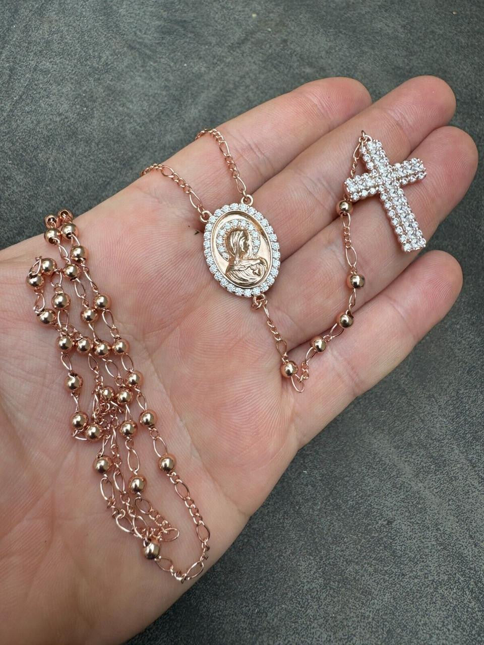 HarlemBling Holy Vatican Rosary Beads Necklace Iced Out CZ Stones - 14k Rose Gold Vermeil 925 Silver - 4mm - 30"