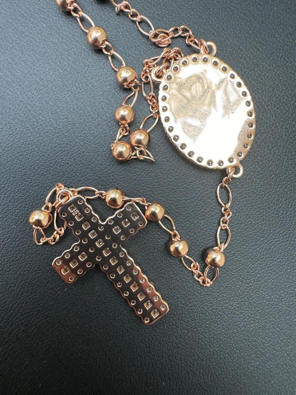 HarlemBling Holy Vatican Rosary Beads Necklace Iced Out CZ Stones - 14k Rose Gold Vermeil 925 Silver - 4mm - 30"