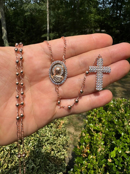 HarlemBling Holy Vatican Rosary Beads Necklace Iced Out CZ Stones - 14k Rose Gold Vermeil 925 Silver - 4mm - 30"