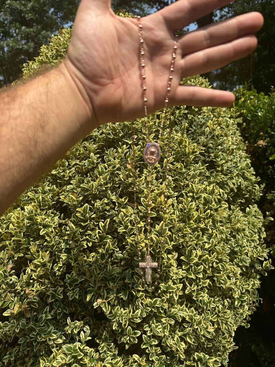 HarlemBling Holy Vatican Rosary Beads Necklace Iced Out CZ Stones - 14k Rose Gold Vermeil 925 Silver - 4mm - 30"