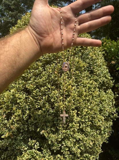 HarlemBling Holy Vatican Rosary Beads Necklace Iced Out CZ Stones - 14k Rose Gold Vermeil 925 Silver - 4mm - 30"