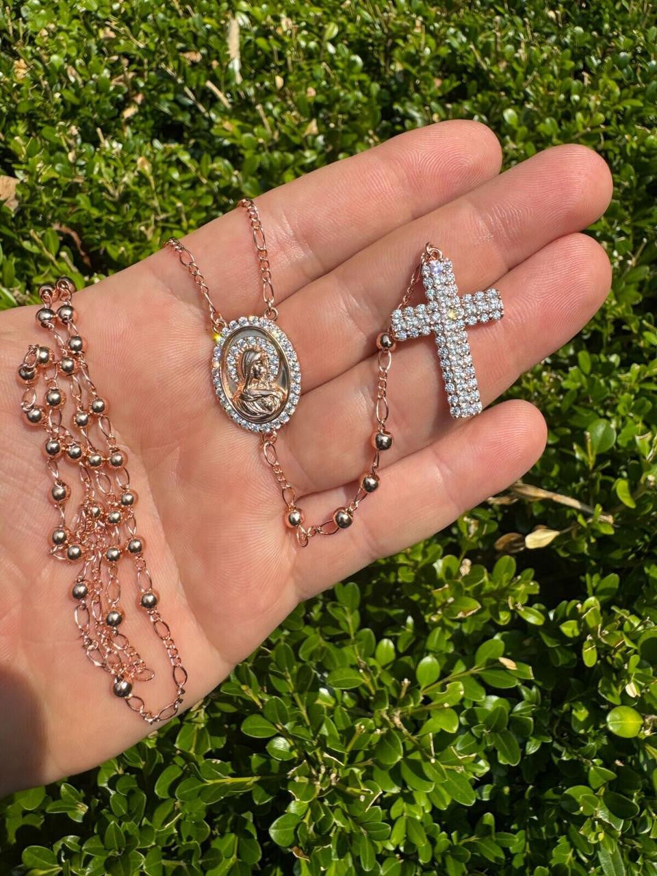 HarlemBling Holy Vatican Rosary Beads Necklace Iced Out CZ Stones - 14k Rose Gold Vermeil 925 Silver - 4mm - 30"