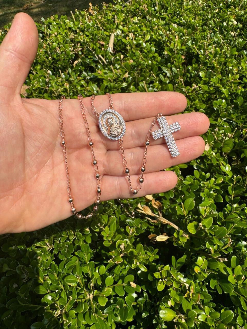 HarlemBling Holy Vatican Rosary Beads Necklace Iced Out CZ Stones - 14k Rose Gold Vermeil 925 Silver - 4mm - 30"