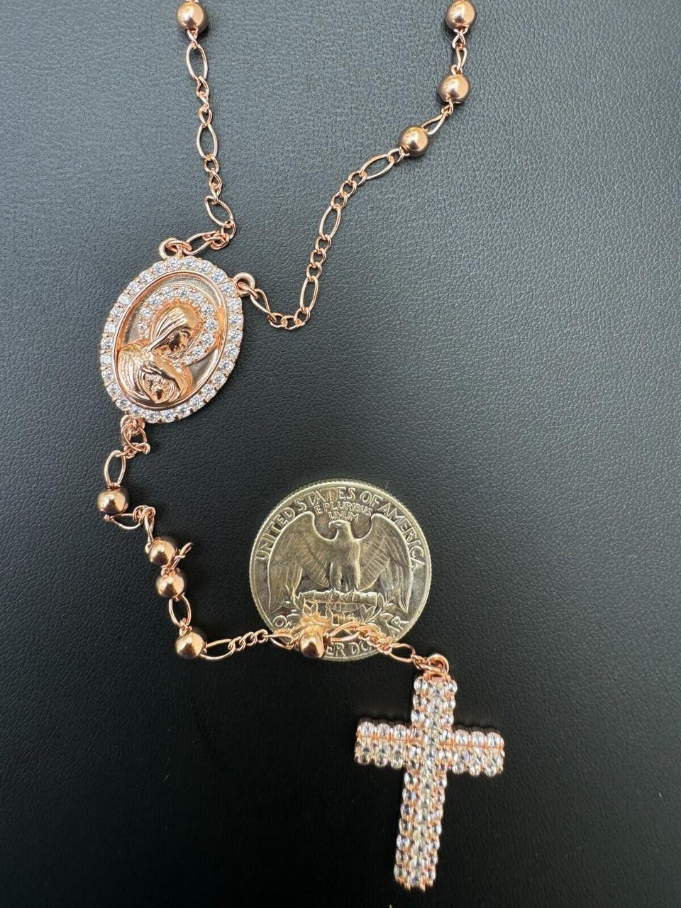 HarlemBling Holy Vatican Rosary Beads Necklace Iced Out CZ Stones - 14k Rose Gold Vermeil 925 Silver - 4mm - 30"