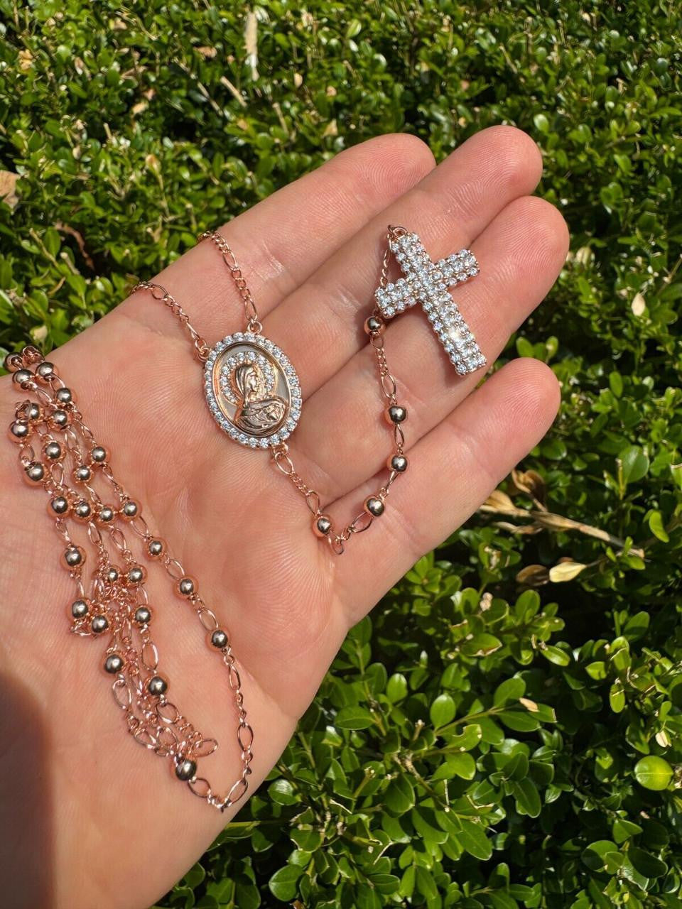 HarlemBling Holy Vatican Rosary Beads Necklace Iced Out CZ Stones - 14k Rose Gold Vermeil 925 Silver - 4mm - 30"