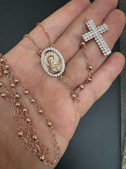 HarlemBling Holy Vatican Rosary Beads Necklace Iced Out CZ Stones - 14k Rose Gold Vermeil 925 Silver - 4mm - 30"