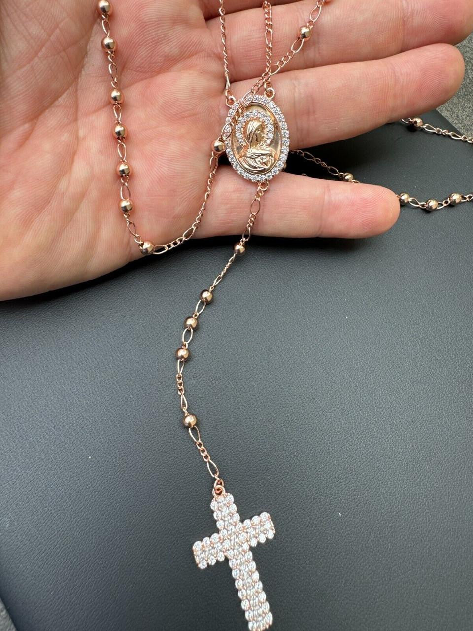 HarlemBling Holy Vatican Rosary Beads Necklace Iced Out CZ Stones - 14k Rose Gold Vermeil 925 Silver - 4mm - 30"