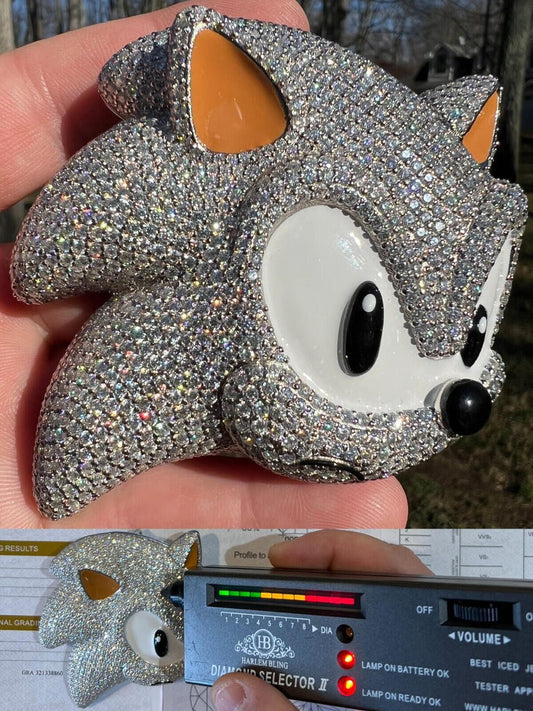 HarlemBling HUGE 3" 35.5ct MOISSANITE 925 Silver Sonic The Hedgehog Iced Pendant Necklace