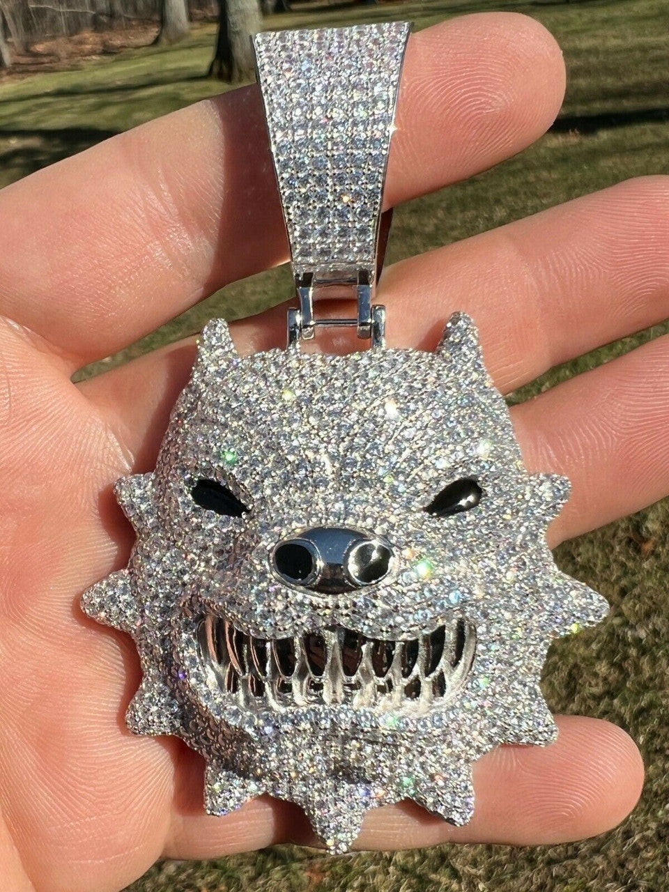 HarlemBling Huge 3.5 Iced Hip Hop 925 Silver Angry Pitbull Dog Animal Pendant Necklace Mens