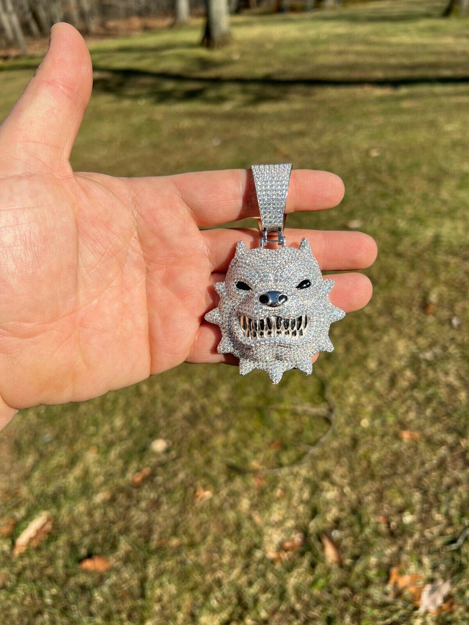 HarlemBling Huge 3.5 Iced Hip Hop 925 Silver Angry Pitbull Dog Animal Pendant Necklace Mens