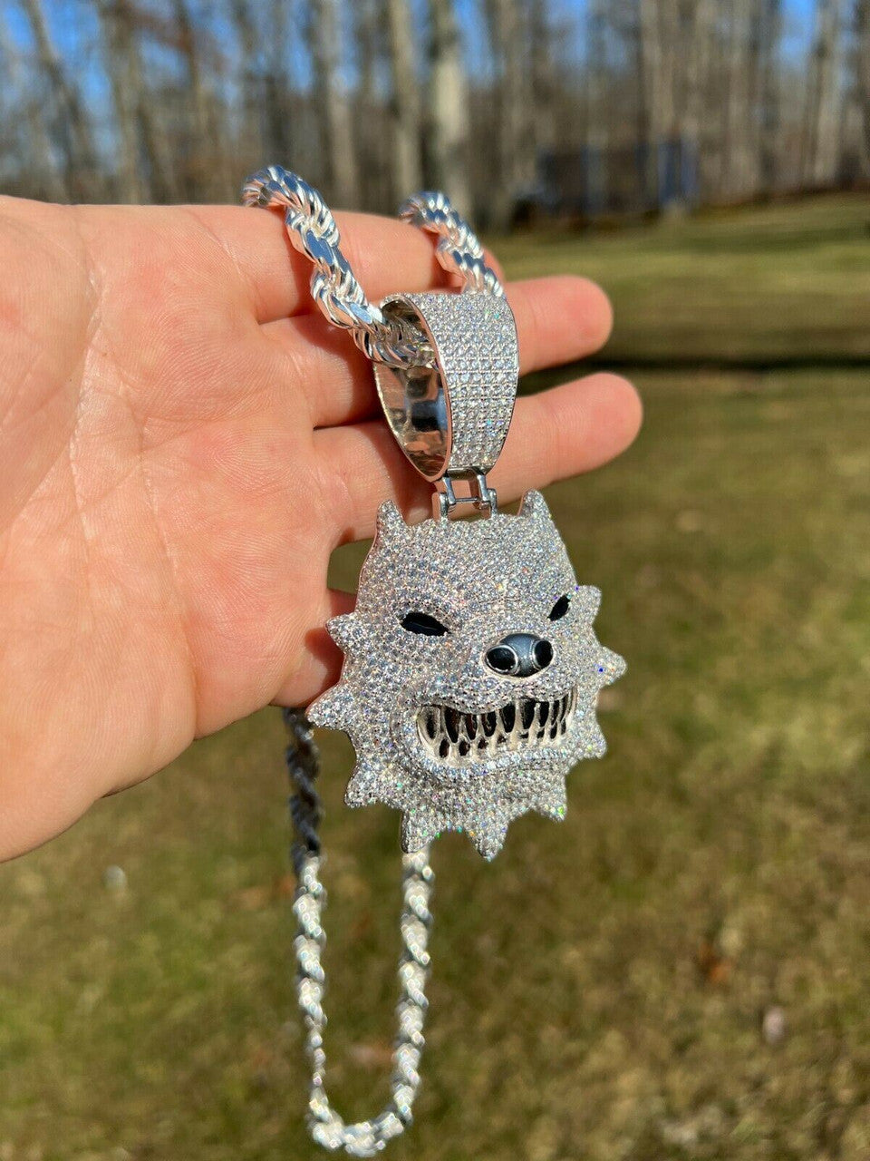 HarlemBling Huge 3.5 Iced Hip Hop 925 Silver Angry Pitbull Dog Animal Pendant Necklace Mens