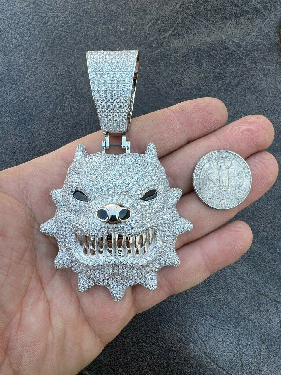 HarlemBling Huge 3.5 Iced Hip Hop 925 Silver Angry Pitbull Dog Animal Pendant Necklace Mens